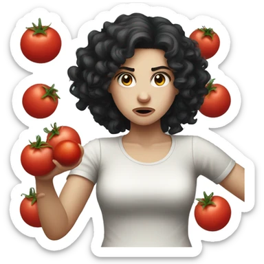 angry pale girl dark curly hair throwing tomato  sticker