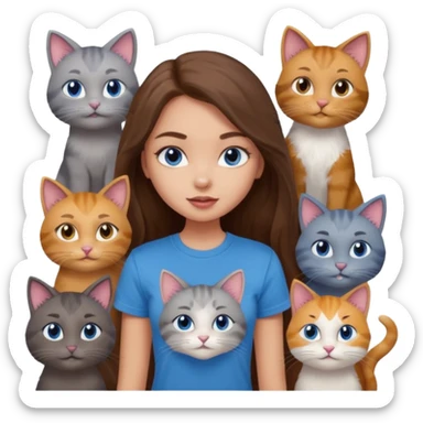 a pretty bratz dusky light skin girl with long brown hair, blue eyes with six cats nd wearing a grey tshirt sticker
