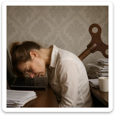 Create a hyperrealistic image of an exhausted woman with chronic fatigue, sitting at a desk with her head resting on a laptop computer. She has a large wind-up key in her back symbolizing depleted energy. The scene is detailed and realistic, in 4K quality, set in a home or office environment. Inspired by the reference image. sticker