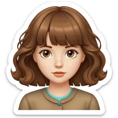 Caucasian girl with brown blunt bangs and big wavy hair sticker