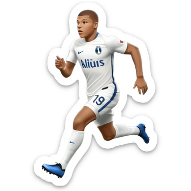 An icon showing Kylian Mbappé running with the ball on a football field during a match. The design captures his speed and focus, with dynamic motion lines and a vibrant background of the field and stadium lights. Transparent background emphasizes the action. sticker