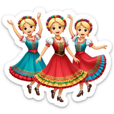 Cinematic Realistic Mazurka Dance Emoji, depicted as a lively traditional Polish folk dance scene with colorful costumes and spirited movement, rendered with dynamic textures and vibrant festive lighting that captures its rhythmic energy. sticker