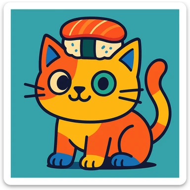 fun and colorful cat with a sushi-themed hat, vibrant and playful sticker