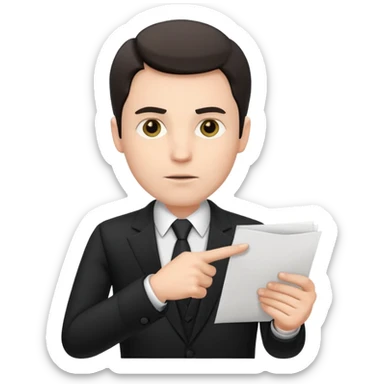 A white man in a black suit stands with a serious face and points at his hand holding papers. sticker