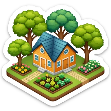 An icon featuring a local map, symbolizing local gardening. The design includes a different trees, and 1 tiny wooden house, shrubs, beds. Transparent background sticker