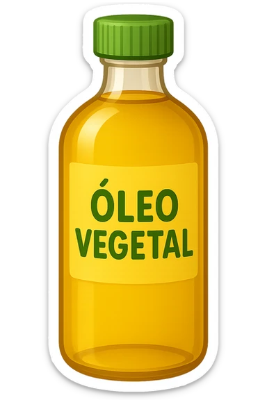 Add a label with the text 'Óleo Vegetal' on the bottle. Keep the style similar to Apple style emojis with a yellow label and green cap. Maintain a transparent background. sticker