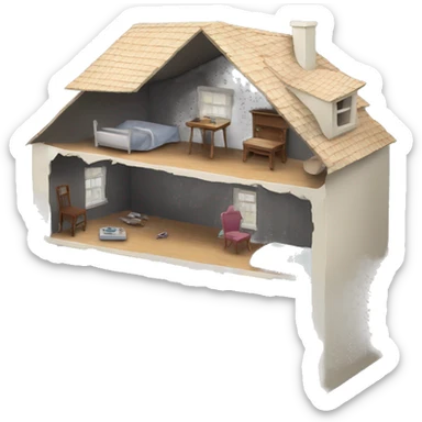 A broken-down dollhouse with a doll sitting inside, lifeless and blank-eyed sticker