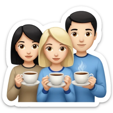One blond white woman, one black hair white woman and one dark blond white man with tea cups each sticker