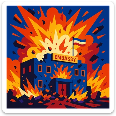 an embassy in mid-explosion, fire and rubble, energetic illustration, vibrant colors sticker