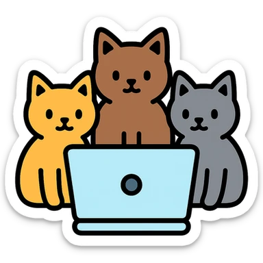 three cats sitting at a computer, color icon style sticker