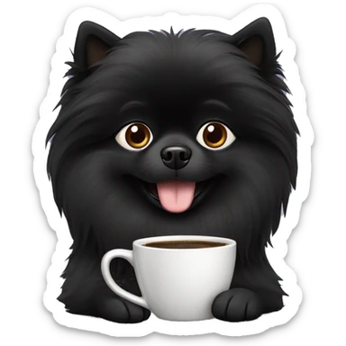 Black Pomeranian dog with laptop drinking coffee sticker