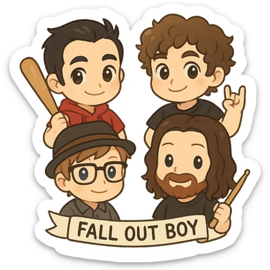 Fall Out Boy band as chibi stickers, cute and exaggerated features, each member with a unique accessory sticker