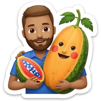 A very happy papaya hugging a curly hair man with a beard and Dominican flag on his shirt   sticker