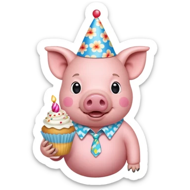 Pig with aloha shirt, birthday hat, holding a cupcake sticker