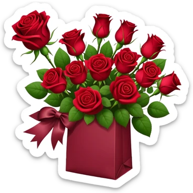 Bouquet of red roses in a burgundy package sticker
