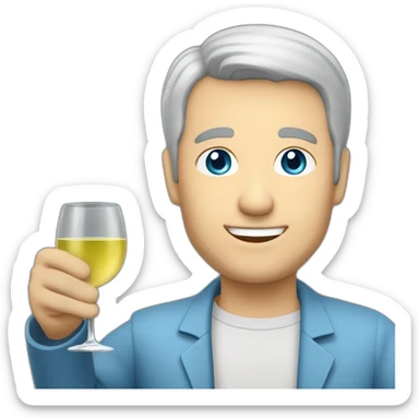 a caucasian man with blue eyes and very short grey hair, toasting with a glass of white wine sticker