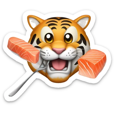 a muscular grinning tiger holding a fork poking into a fillet of salmon with the tip of its paws sticker