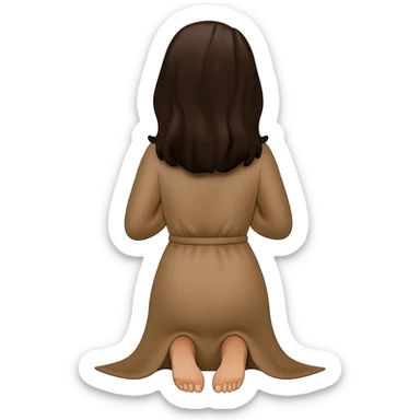 Create a woman kneeling and praying from the back view, with her feet visible and out behind her, wearing a long tan dress, with dark brown hair, matching the body figure of the reference image. The style should resemble emoji style. Remove the background. sticker