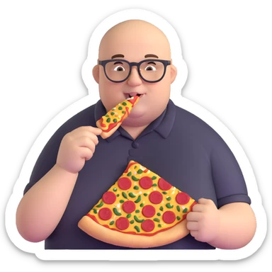very fat bald man with glasses eating pizza sticker