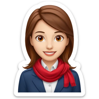 Female flight attendant, with red scarf, white shirt, long brown hair, brown eyes, iOS emoji-type face, fair skin,  sticker