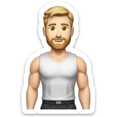 Full height Pale skinned fit man With biceps, Realistic eyes and mouth, light brown hair and stubble In dark gray sleeveless mike, black oversize sports shorts, watch and white sneakers. sticker