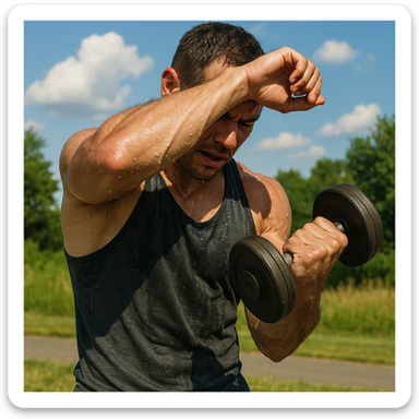 uomo fitness che si allena in estate, tutto sudato, con una mano fa un curl manubri mentre con l'altra mano si asciuga il sudore dalla fronte, espressione affaticata in volto sticker