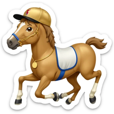 friendly anthropomorphised horse in RUN DMC style outfit, gold medal, baseball hat sticker