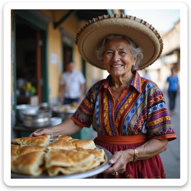 photorealistic image of an old Mexican lady pushing a food cart, warm and friendly expression, traditional dress, vibrant colors, street vendor, detailed, no text sticker