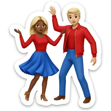 Two people  conservative people dancing. A man wearing red with light skin and blonde hair. A women wearing bue with dark skin and brown hair. sticker