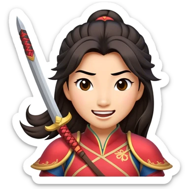 Cinematic Playful Mulan Portrait Emoji, Mid-laugh with a strand of hair falling over her face, adjusting her armor, eyes full of adventure, exuding an irresistible mix of beauty and fun, the perfect blend of warrior and princess! sticker