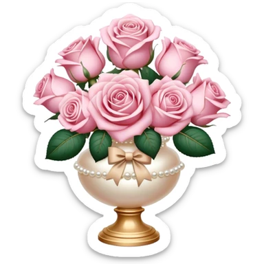 Realistic aesthetic powder pink rose bouquet  in a pearl vintage vase and a beige bow with gold decoration  sticker