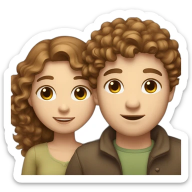 Couple, hugging, white European man with brown curly hair and blue eyes. chubby woman with long light brown curly hair and blue-green eyes. sticker
