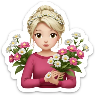 a girl  sitting  near various bouquets of flowers , white and pink flowers . She is holding a single white flower up to her face, Her hairstyle is slightly messy updo, with a few soft strands falling around her face, . She wears a red off-shoulder cardigan and a white long skirt. sticker