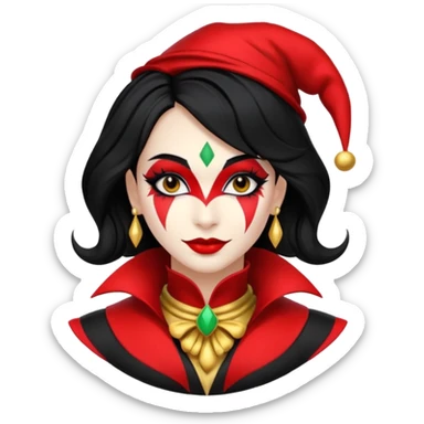 Jester woman, black and red suit, black hair, white and black make up sticker