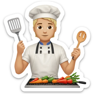 man with tied blond hair and and a white apron grilling vegetables on a sizzling grill sticker