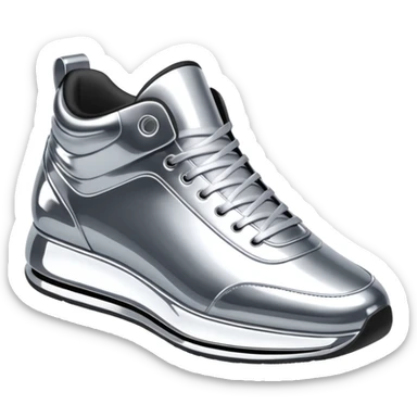 A pair of futuristic sneakers emoji made of silver chrome, sleek streetwear design, smooth metallic panels, subtle reflections, luxury swag aesthetic, iOS emoji style, centered, clean white background sticker