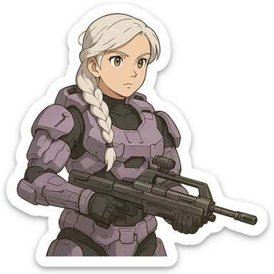 female, wearing reach spartan armor default, long white braid hair, gold yellow eyes, attention pose, halo series, no helmet, the armor is lavender color scheme, shoulder pad off. DDD bust size fitting. Punk gothic cyberpunk, brandishing a dmr sticker