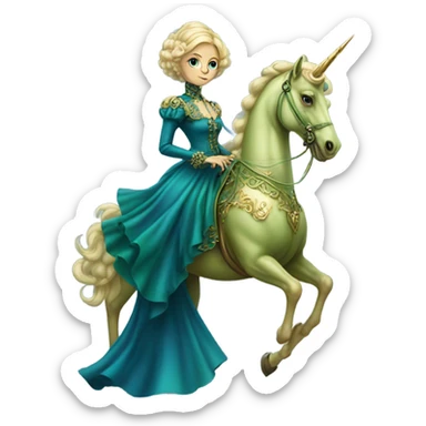 "galora green blonde alien woman" in blue Victorian dress elegant, full body, on gold unicorn sticker