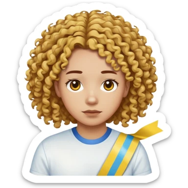 Make me an emoji that has a guy with a white shirt and yellow tape around the shirt with brown and blue spots hair make the hair curly make the yellow tape go around it sticker