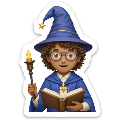A Joyful Child Male with Brown skin and Curly hair, wearing a Traditional outfit, a Wizard hat, Sunglasses, carrying a Spellbook, working as a farmer, while drinking Coffee and reading a Textbook. sticker