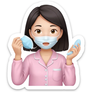 angelic asian girl doing skin care in baby pink pajamas, applying mask to her face sticker