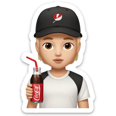 generate a pretty bratz boy with a nike black baseball cap, a white tshirt and drinking coke  sticker