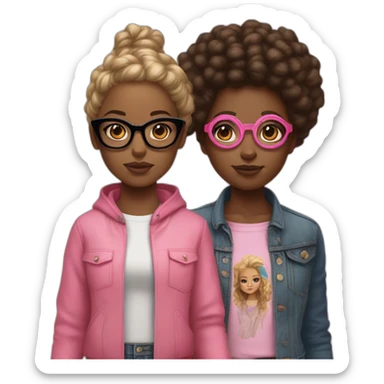 A young black-skinned woman with natural African hair dressed in classic clothes and a young girl with white skin wearing big pink glasses and streetwear clothes who are both holding hands sticker