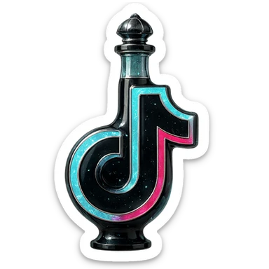 prabangus eliksyro buteliukas, TikTok logotipo forma, juoda ir žydra su rožiniais akcentais, sidabrinės ir holografinės detalės, dar daugiau magiškų efektų, labai mažas kaklelis, vientisas dugnas, skaidrus fonas, buteliukas plūduriuoja ore, be pagrindo ar šešėlio, modernus, kolekcijai tinkamas sticker