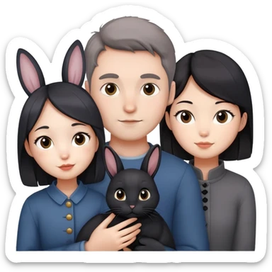 A french guy with a chinese girl, and a grey rabbit and a bliack cat sticker