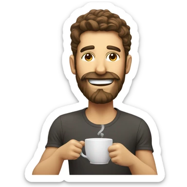 Man with beard dumping coffee on his head with a big smile sticker