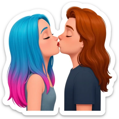 lesbians kissing, one has long blue and pink hair, the other has long auburn hair sticker