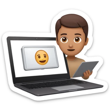 A dark-colored laptop with the screen open. From the screen, a person is emerging, giving a lecture or teaching. The person should look expressive and in a teaching pose. Soft shadows, semi-3D emoji style, clean background. video course sticker