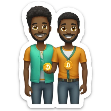 Two young black men in their 20’s with beards and on a low cut shaking hands with Bitcoin token in their hands  sticker