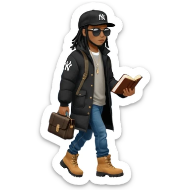 African American man with shoulder length black dreadlocks and black sunglasses wearing a black New York Yankees baseball hat with a North Face brand bubble winter coat with denim skinny jeans and timberland boots walkingholding a bible sticker